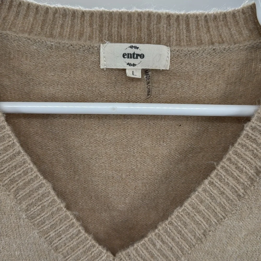 Entro Tan V-Neck denim sleeve contrast distressed sweater casual mixed material - Picture 7 of 13